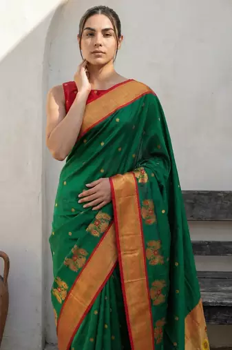 Green woven zari buti & floral motifs work silk blend fabric traditional festive style