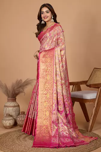 Rani pink woven embellished self design pure silk banarasi saree with blouse