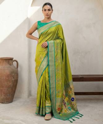 Lime woven zari buti & floral motifs work silk blend fabric traditional festive style 1