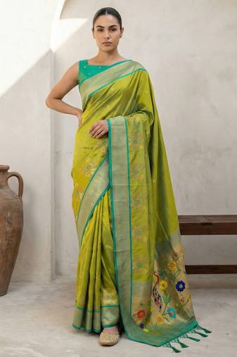 Lime woven zari buti & floral motifs work silk blend fabric traditional festive style