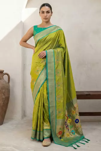 Lime woven zari buti & floral motifs work silk blend fabric traditional festive style