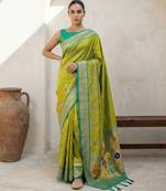 Lime woven zari buti & floral motifs work silk blend fabric traditional festive style