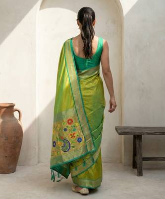 Lime woven zari buti & floral motifs work silk blend fabric traditional festive style 2