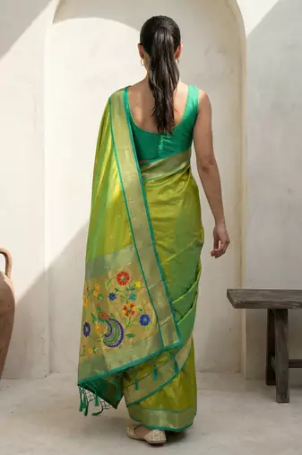 Lime woven zari buti & floral motifs work silk blend fabric traditional festive style