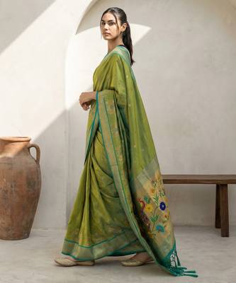 Lime woven zari buti & floral motifs work silk blend fabric traditional festive style 3