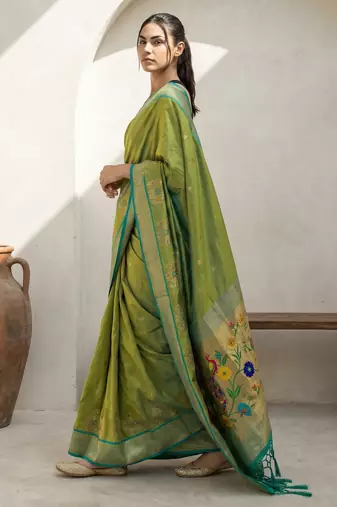 Lime woven zari buti & floral motifs work silk blend fabric traditional festive style