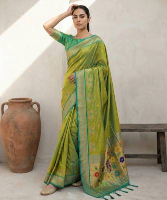 Lime woven zari buti & floral motifs work silk blend fabric traditional festive style 4