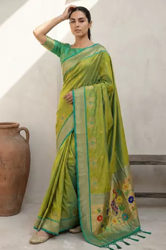 Lime woven zari buti & floral motifs work silk blend fabric traditional festive style