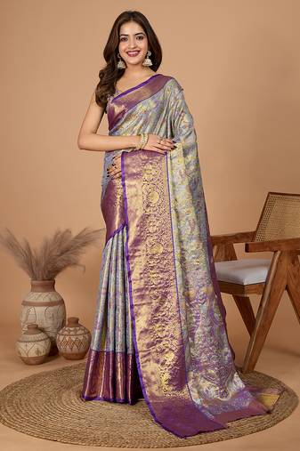 Violet woven embellished self design pure silk banarasi saree with blouse