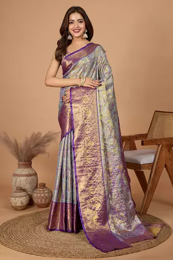 Violet woven embellished self design pure silk banarasi saree with blouse