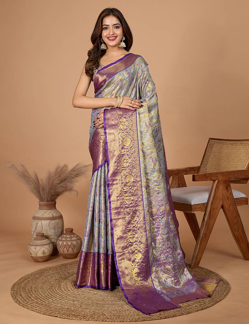 Violet woven embellished self design pure silk banarasi saree with blouse