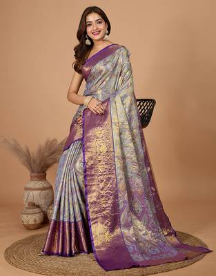 Violet woven embellished self design silk blend banarasi saree with blouse 2