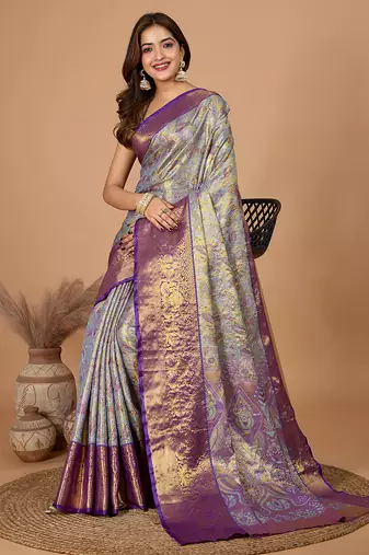 Violet woven embellished self design pure silk banarasi saree with blouse