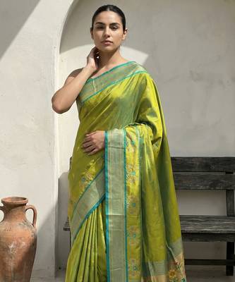 Lime woven zari buti & floral motifs work silk blend fabric traditional festive style 5