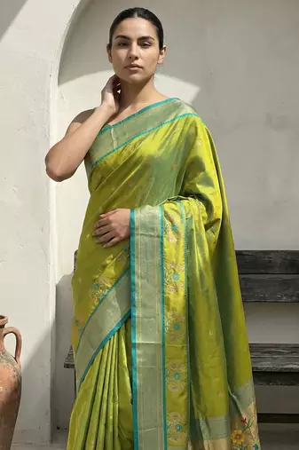 Lime woven zari buti & floral motifs work silk blend fabric traditional festive style