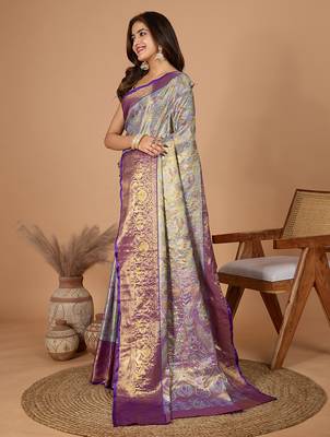 Violet woven embellished self design silk blend banarasi saree with blouse 3
