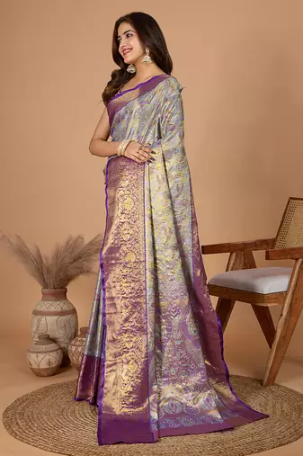 Violet woven embellished self design pure silk banarasi saree with blouse