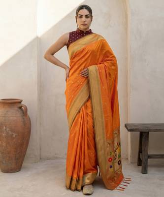 Orange woven zari buti & floral motifs work silk blend fabric traditional festive style 1