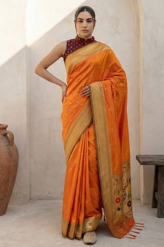 Orange woven zari buti & floral motifs work silk blend fabric traditional festive style