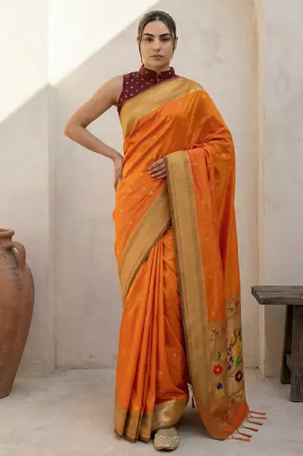 Orange woven zari buti & floral motifs work silk blend fabric traditional festive style