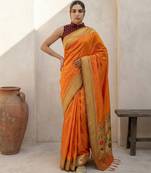 Orange woven zari buti & floral motifs work silk blend fabric traditional festive style