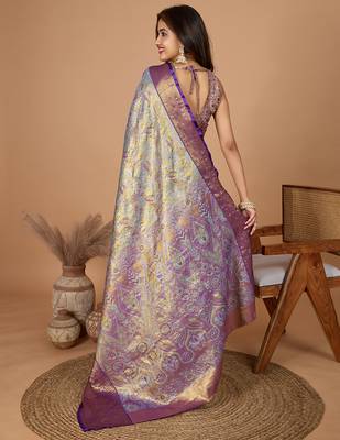 Violet woven embellished self design silk blend banarasi saree with blouse 4