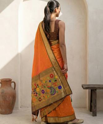 Orange woven zari buti & floral motifs work silk blend fabric traditional festive style 2