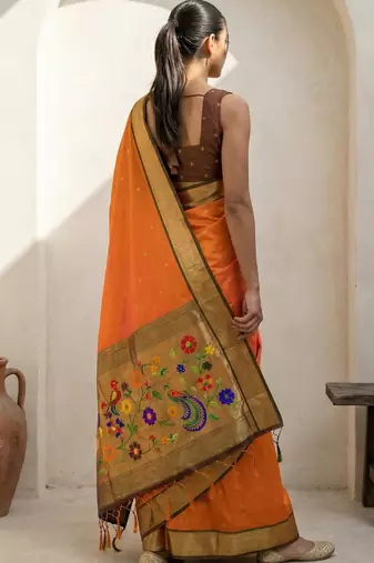 Orange woven zari buti & floral motifs work silk blend fabric traditional festive style