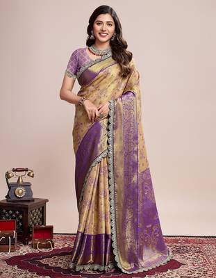 Gold woven silk blend banarasi saree with blouse 1