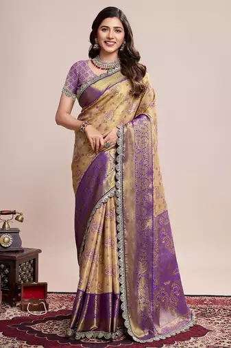 Gold woven pure silk banarasi saree with blouse
