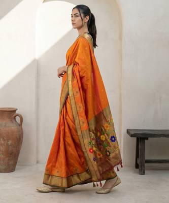 Orange woven zari buti & floral motifs work silk blend fabric traditional festive style 3