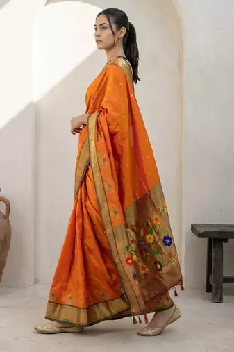 Orange woven zari buti & floral motifs work silk blend fabric traditional festive style