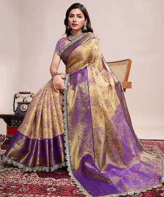Gold woven silk blend banarasi saree with blouse 2