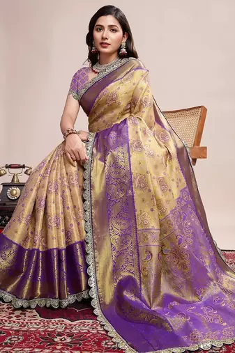 Gold woven pure silk banarasi saree with blouse