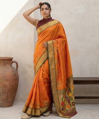Orange woven zari buti & floral motifs work silk blend fabric traditional festive style 4