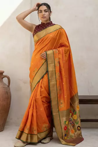Orange woven zari buti & floral motifs work silk blend fabric traditional festive style