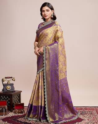 Gold woven silk blend banarasi saree with blouse 3