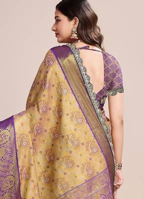 Gold woven silk blend banarasi saree with blouse 4