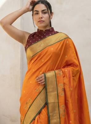 Orange woven zari buti & floral motifs work silk blend fabric traditional festive style 5