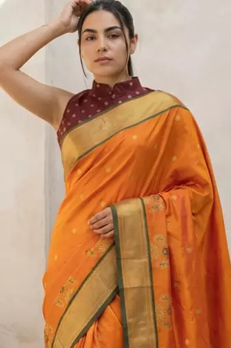 Orange woven zari buti & floral motifs work silk blend fabric traditional festive style