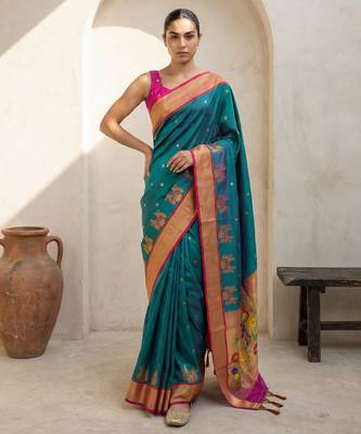 Teal woven zari buti & floral motifs work silk blend fabric traditional festive style 1