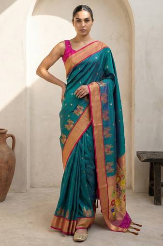 Teal woven zari buti & floral motifs work silk blend fabric traditional festive style