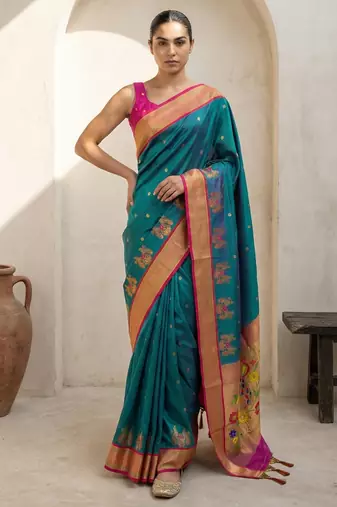 Teal woven zari buti & floral motifs work silk blend fabric traditional festive style