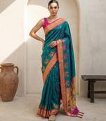 Teal woven zari buti & floral motifs work silk blend fabric traditional festive style