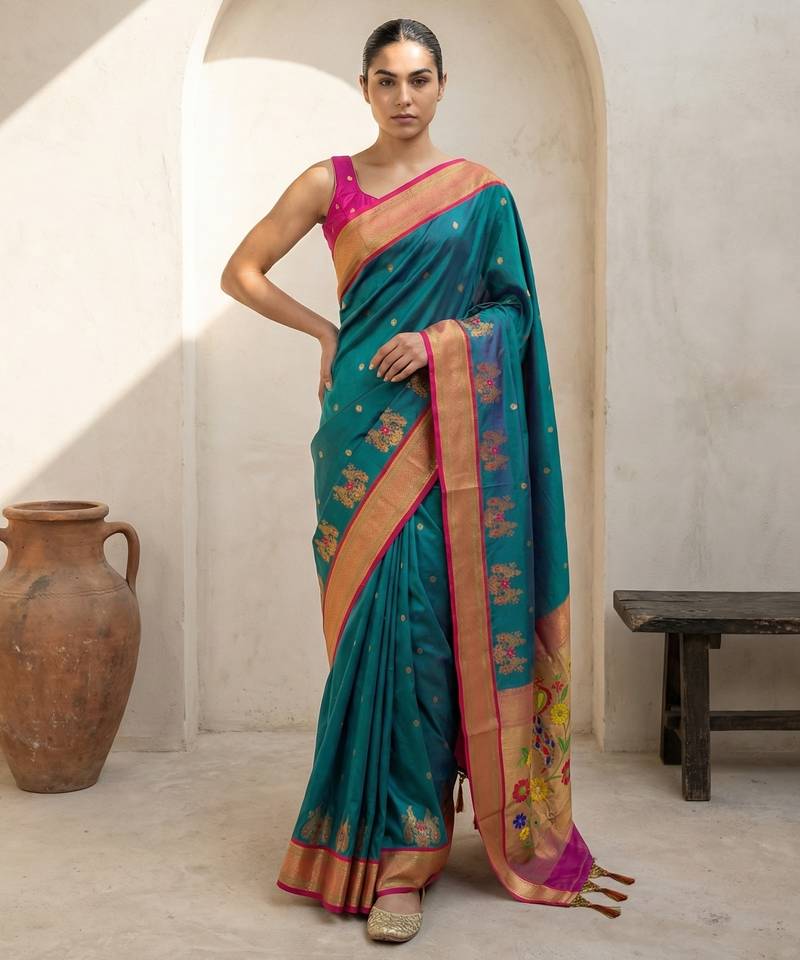 Teal woven zari buti & floral motifs work silk blend fabric traditional festive style