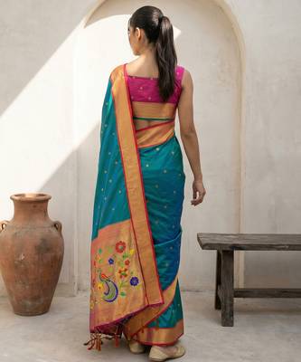 Teal woven zari buti & floral motifs work silk blend fabric traditional festive style 2