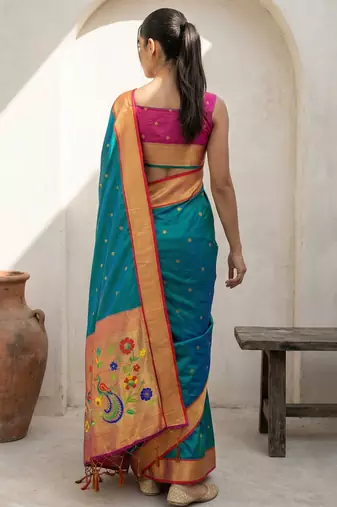 Teal woven zari buti & floral motifs work silk blend fabric traditional festive style