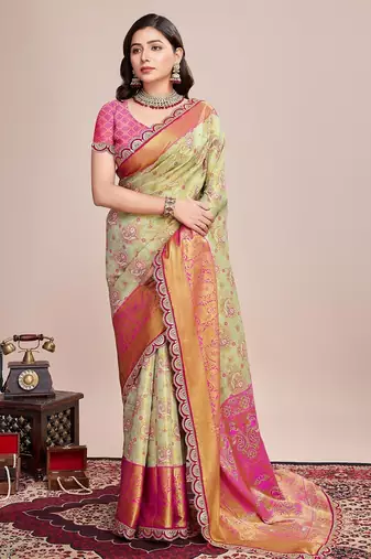 Light green woven pure silk banarasi saree with blouse