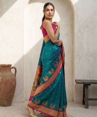 Teal woven zari buti & floral motifs work silk blend fabric traditional festive style 3