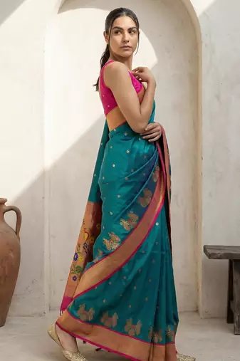 Teal woven zari buti & floral motifs work silk blend fabric traditional festive style